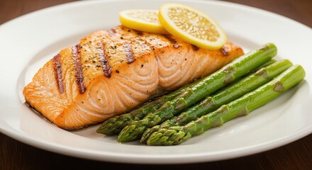 Grilled Salmon Fillet Served with Asparagus and Lemon Slices