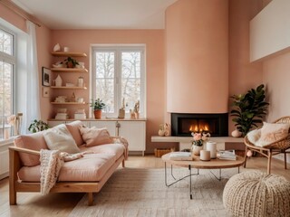 Modern Living Room with Peach Walls and Cozy Sofa