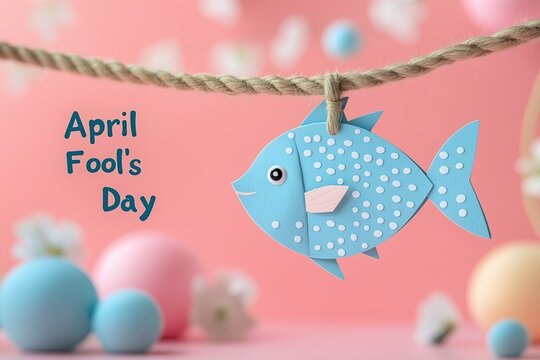 A light blue paper fish hangs on a rope on the right on a pink background. Fool's Day text, April Fool's Day concept. April Fools' Day promotional banner