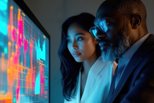 A diverse team analyzes vibrant financial data on a large monitor, collaborating on investment strategies.