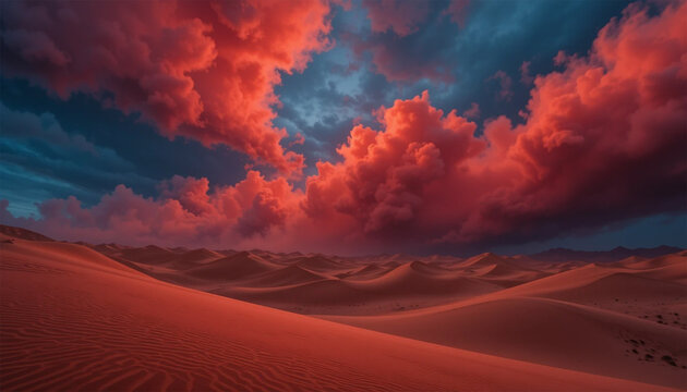 Dramatic red clouds over vast desert sand dunes