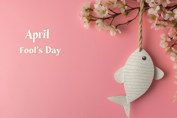 A paper fish hangs on a rope on the right on a pink background. Fool's Day text, April Fool's Day concept. April Fools' Day promotional banner