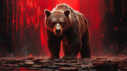 A bear standing on a pile of coins against a collapsing red market background, symbolizing a bear market.
