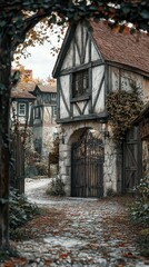 Charming Medieval Village Pathway with Rustic Stone Houses