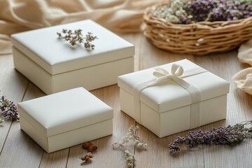 Elegant mockup of gift boxes with delicate floral accents on wooden surface in a cozy setting