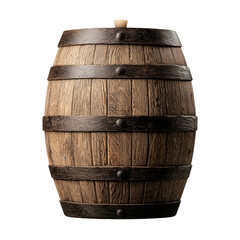 Rustic Wooden Barrel with Metal Bands Set Against a Plain Background for Beverage Storage and Decoration