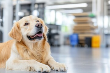 Happy golden retriever lying on the floor in bright modern interior.