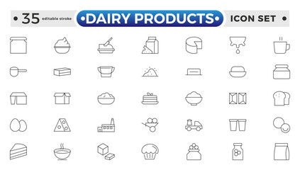 Milk and dairy products outline icon. Natural cow's milk and fermented milk products, cheese, cream, sour cream, and cottage cheese. Web line icon.  Editable stroke outline icon.
