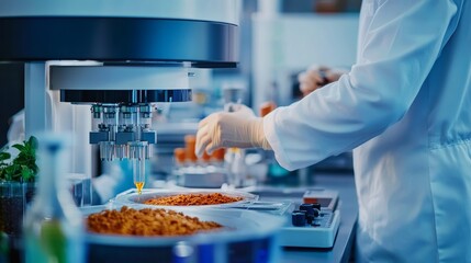 Cutting-edge flavor enhancement technologies in a seasoning factory, with experts working on machines in a research lab setting,