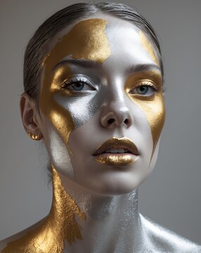 Portrait of a young woman with striking metallic face paint in gold and silver tones, showcasing a serene expression against a neutral background