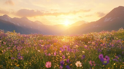 Obraz premium Vibrant Floral Landscape at Sunrise in Mountain Valley