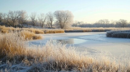 Frosty Winter Landscape with Frozen Pond and Bare Trees at Sunrise