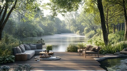 Fototapeta premium Serene Outdoor Living Space by Tranquil Lake with Lush Greenery