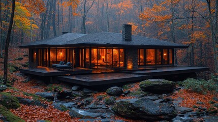 Obraz premium Modern Autumnal Cabin Nestled Amongst Trees