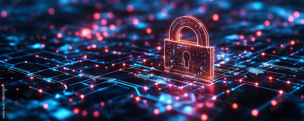 Poster futuristic abstract scene of a digital lock embedded within complex internet connections, hightech s