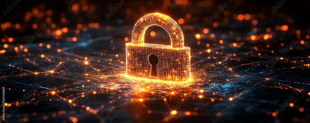 Poster futuristic abstract scene of a digital lock embedded within complex internet connections, hightech s