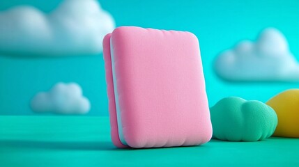 Colorful pastel toy block set against a whimsical sky background, imaginative playtime, children's creativity