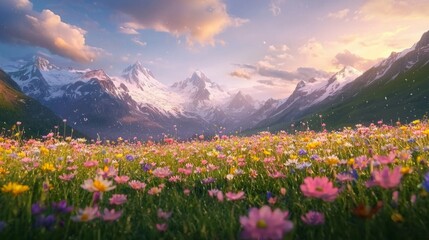 Fototapeta premium Vibrant Flower Field in Front of Majestic Snow-Capped Mountains
