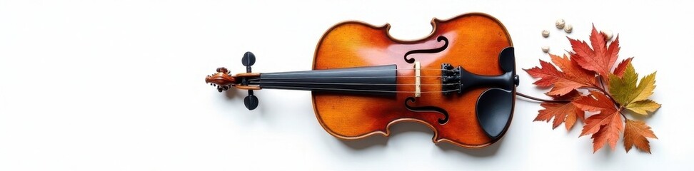 Antique violin, rich wood grain, white backdrop, classical, musical instrument, close-up