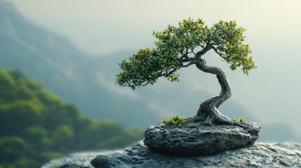 Serene Bonsai Tree on Rocky Base in Natural Landscape Setting