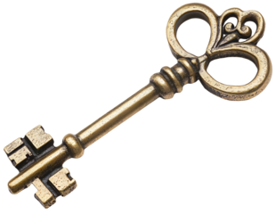 Antique brass skeleton key with decorative engravings, isolated on transparent background, aged metal texture, historical design, symbolic element