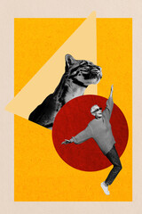 Template sketch image composite artwork collage of aged woman wear sunglass dance moving leopard...