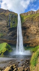 Majestic Waterfall Cascades Down Steep Rocky Cliffs