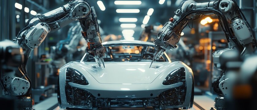 Industrial robotic arms working in perfect synchronization to build a luxury sports car, sleek metallic surfaces, ultradetailed, 16K resolution
