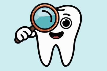 Cartoon anthropomorphic tooth is holding magnifying glass in hand. Dental care concept. Vector illustration.