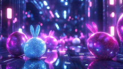 Glowing bunny-shaped orbs in a futuristic neon corridor.