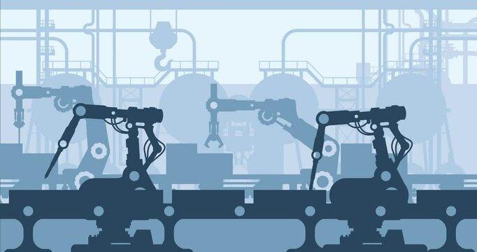 Industrial production line, plant or factory manufacturing conveyor, assembly shop interior with bridge crane, footage