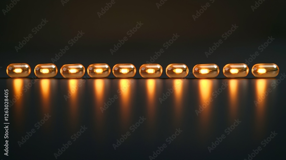 Poster golden capsules in a row with soft glowing light effect