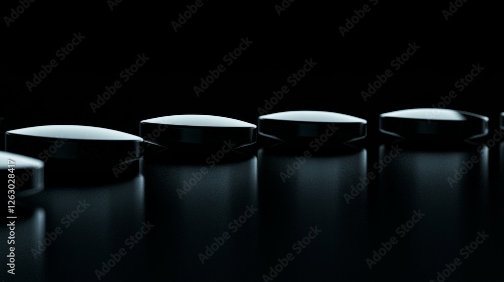 Poster glossy black circular objects arranged in a line on dark surface
