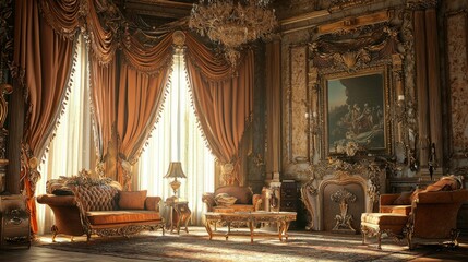 Fototapeta premium Luxurious Vintage Living Room with Rich Textiles and Ornate Décor