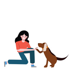 Woman training dog to greet. Obedient dog. Training dog to high five, taming dog. Flat design vector illustration isolated on white background