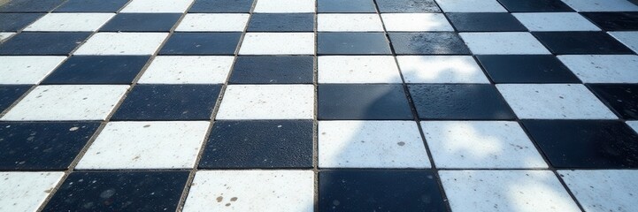 Fototapeta premium Black and white stone pavement, alternating squares create a chessboard effect , road, stones