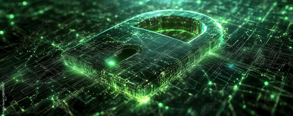 Poster virtual lock in a web of digital connections and networks, representing security and technology, glo