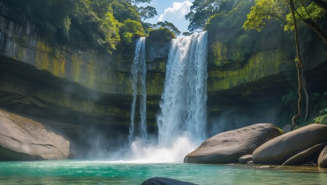 Powerful waterfall cascading over rugged cliffs