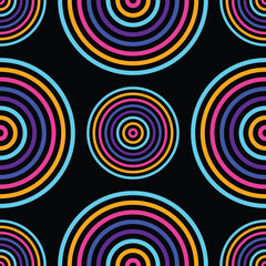Naklejka premium Seamless neon circle pattern with vibrant multicolor concentric rings on a black background, perfect for futuristic, modern, and retro-inspired designs