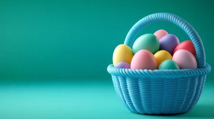 Fototapeta premium Colorful Easter eggs in a blue basket, festive holiday decoration, spring celebration concept