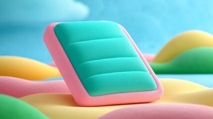 Colorful inflatable pool float on vibrant abstract landscape, summer fun, vacation relaxation, playful leisure accessory