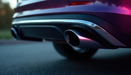 Naklejka premium Chrome exhaust pipe exiting vehicle, angled down, system, automobile, exhaust