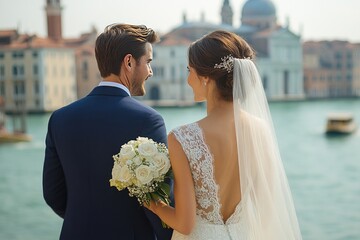 Couple in wedding attire overlooking a Venetian canal,  smiling at each other,  bouquet of white flowers in hand.  Outdoor shot,  bright daylight,  waterfront scenery