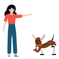 Woman training dog to jump. Female dog trainer, dog contest, obedient dog. Flat design vector illustration isolated on white background