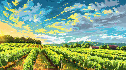 Fototapeta premium Lush vineyard landscape at sunset with vibrant skies and distant farmhouses, ideal for agriculture themes