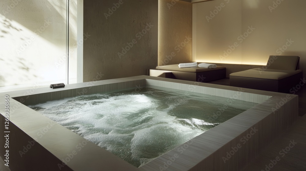 Poster minimalist plunge pool with sleek seating and soft jets, creating a modern spa-like escape