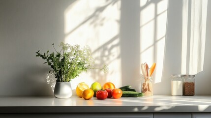 Sunny Kitchen Still Life with Fresh Produce, Herbs, and Pantry Staples in Jars.