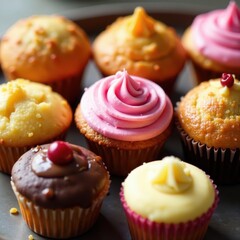 Close-up vibrant muffins & cupcakes Diverse textures & flavors Breakfast/snack , sweet, delicious, afternoon