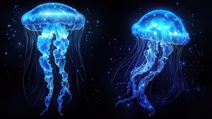 Glowing Blue Jellyfish Floating in Dark Ocean Water Background
