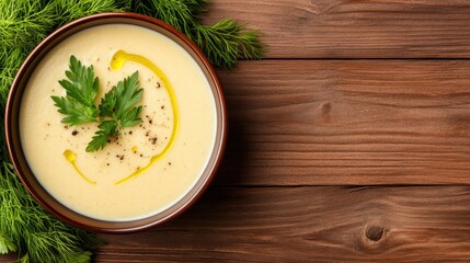 Creamy asparagus soup with fresh herb garnish on wooden table for culinary design.